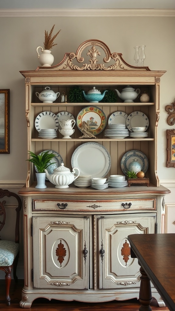 A vintage cabinet displaying an assortment of antique servingware, including plates and teapots, against a soft wall backdrop.