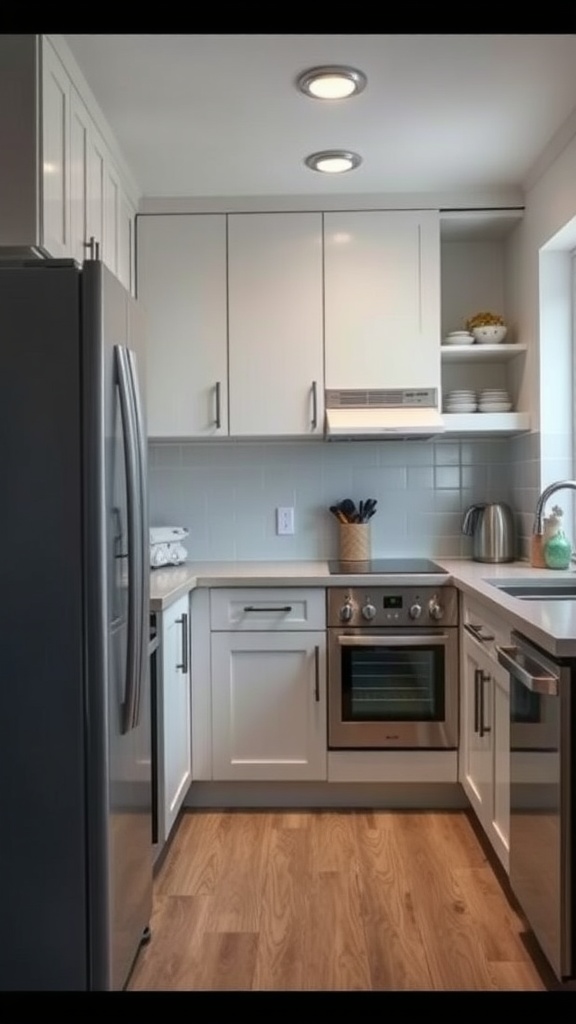 A modern small kitchen featuring an appliance garage with sleek white cabinets and stainless steel appliances.