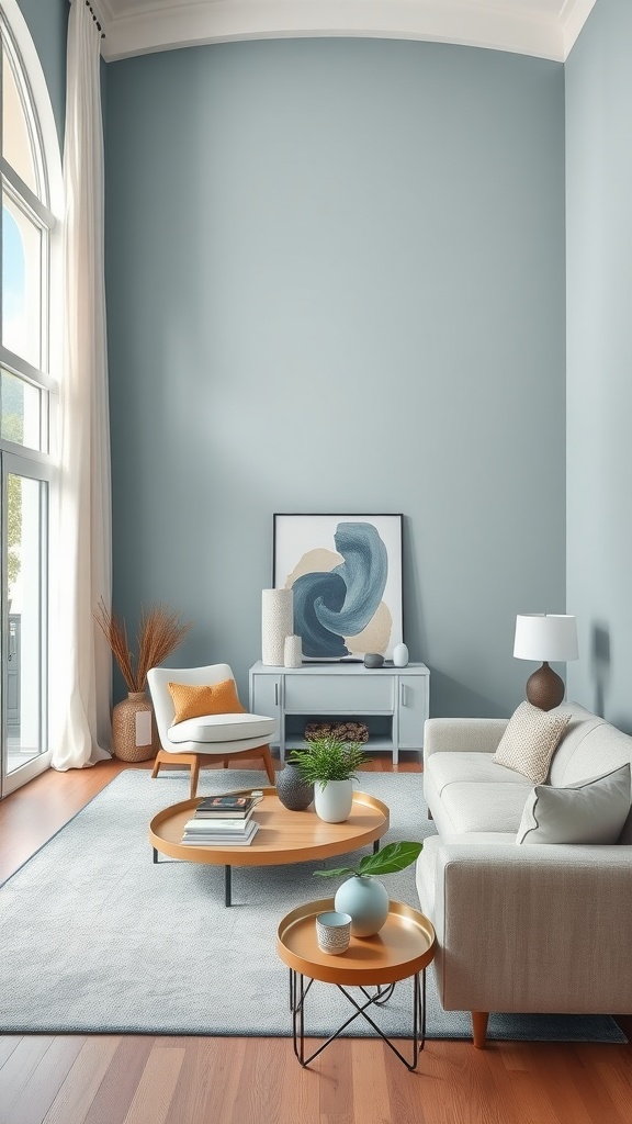 A bright living room with Aqua Smoke blue-gray walls, modern furniture, and natural light.