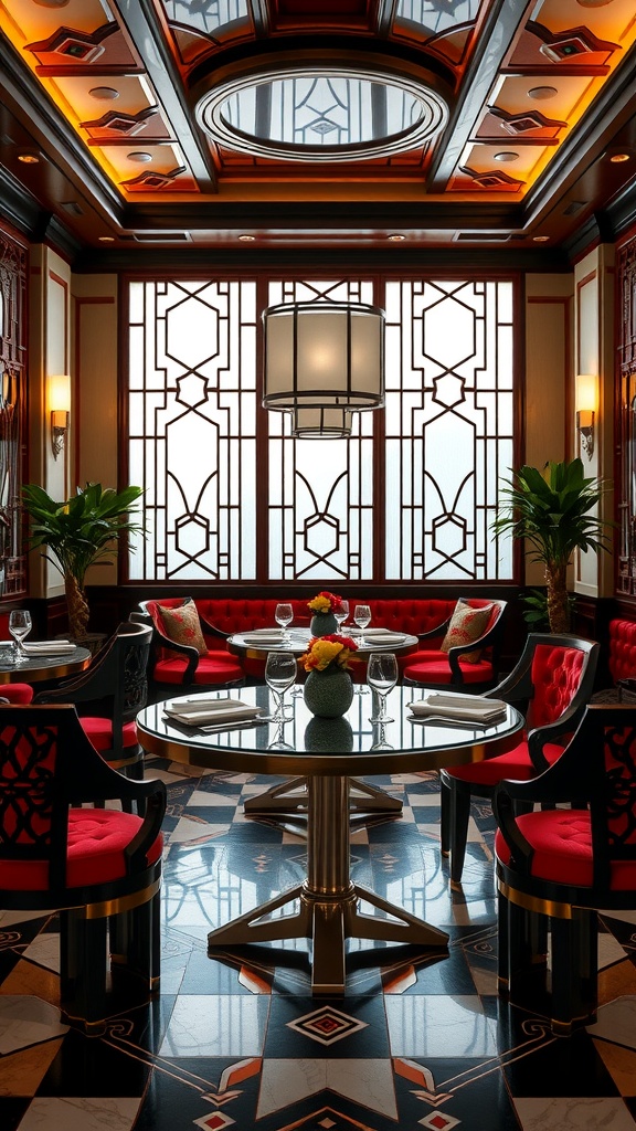 Chic dining room featuring Art Deco design elements with red chairs, geometric patterns, and elegant lighting.