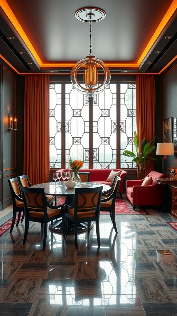 Art Deco style living room and dining room combo with elegant furnishings and warm colors.