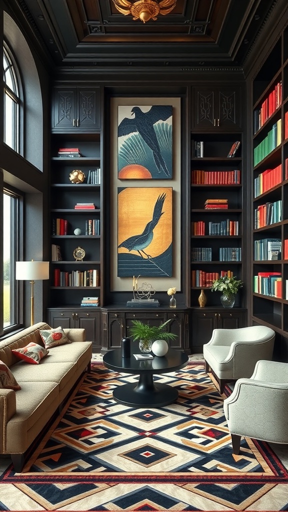 An elegant Art Deco inspired library featuring dark cabinetry, colorful books, bold artwork, and stylish seating.