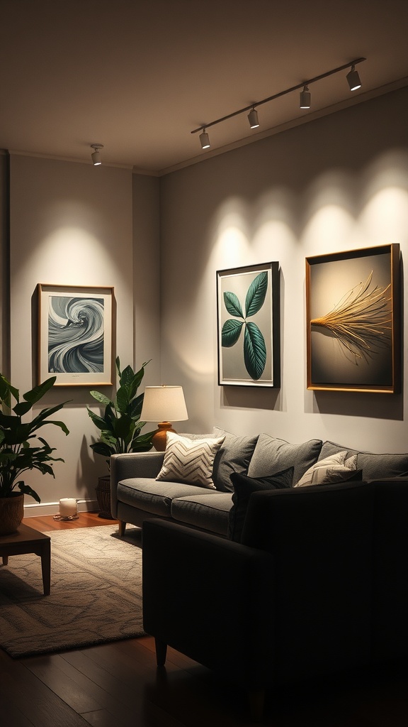 Cozy living room corner with art on the wall, track lighting, plants, and a comfortable sofa