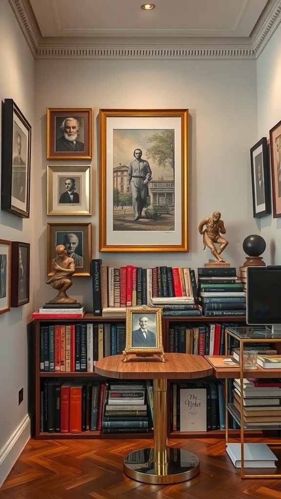 A cozy book nook featuring bookshelves, framed portraits, decorative sculptures, and a small table.