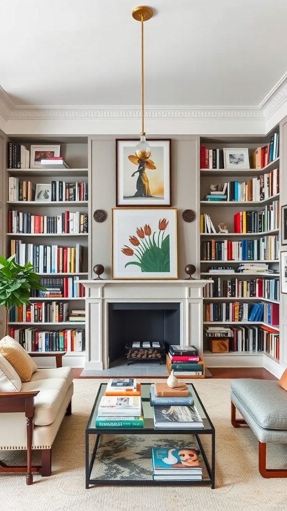 A stylish home library with bookshelves, artwork, and a cozy seating area