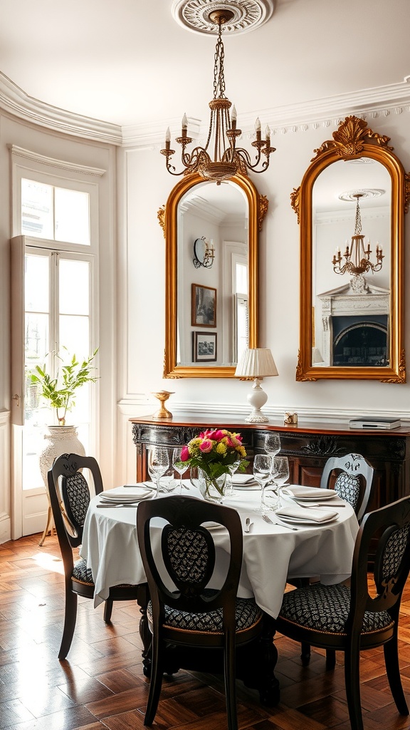 Luxurious Italian dining room featuring artful framed mirrors and elegant decor.