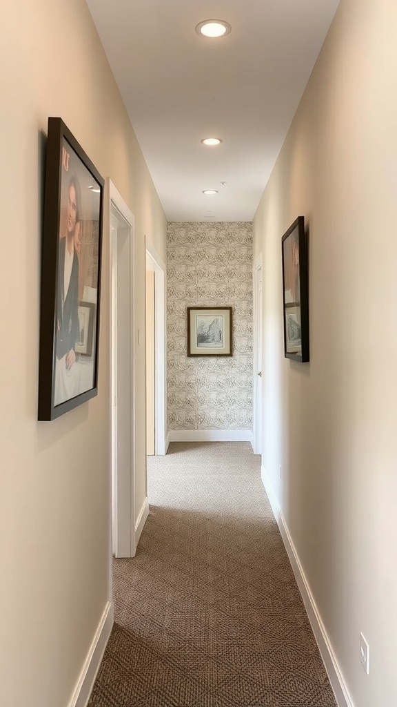 A well-decorated hallway featuring framed pictures on beige walls, leading to patterned wallpaper.