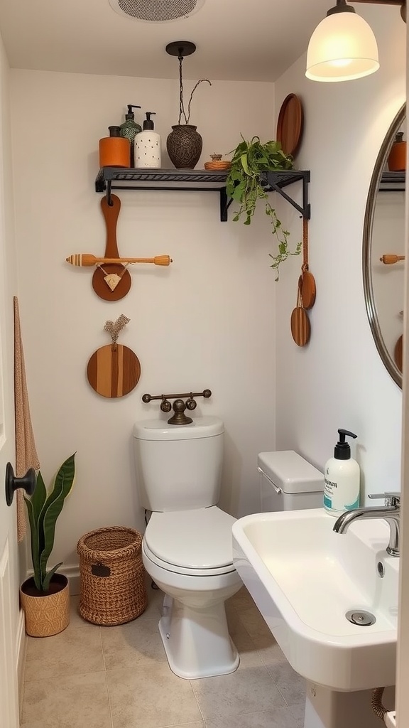 Small bathroom featuring artisan accessories on shelves, decorative plants, and wooden accents.