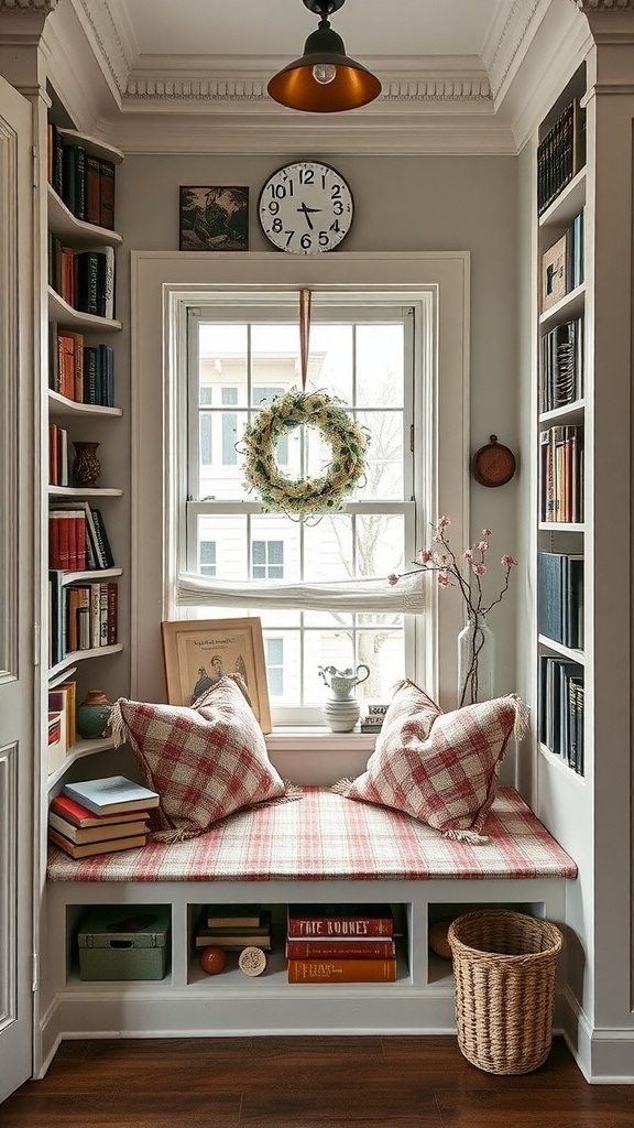 Artisan crafted library nook with plaid window seat and bookshelves