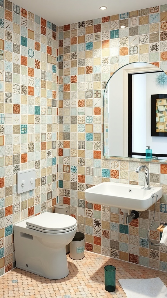 Colorful artisan tile wall in a modern bathroom with a sink and mirror.