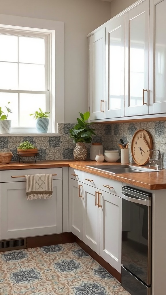 A small kitchen with artisan tiles and wooden countertops.