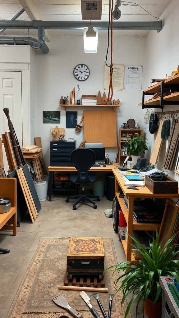 An artisan workshop office featuring desks, tools, wooden shelves, and plants.