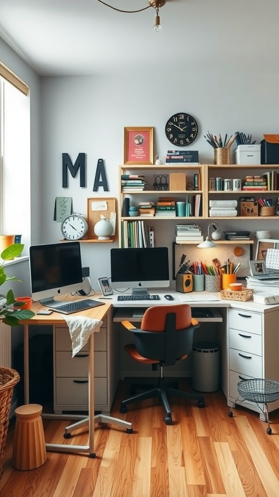 A cozy artisanal crafting office with two monitors, organized shelves, and warm wood floors.