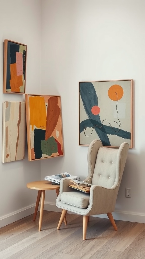 Cozy reading nook with abstract paintings on the wall and a comfortable armchair