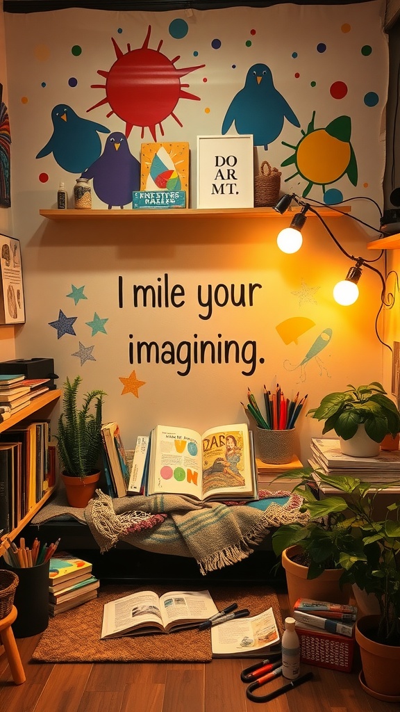 A vibrant artistic book corner with colorful wall art, books, and art supplies encouraging imagination.