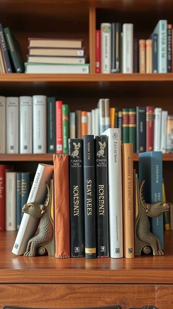 Stylish bookends shaped like animals holding books on a wooden shelf.