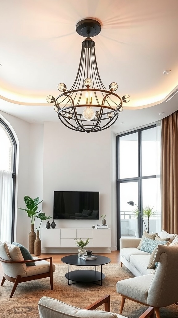 A stylish living room featuring a modern chandelier, soft furnishings, and large windows.