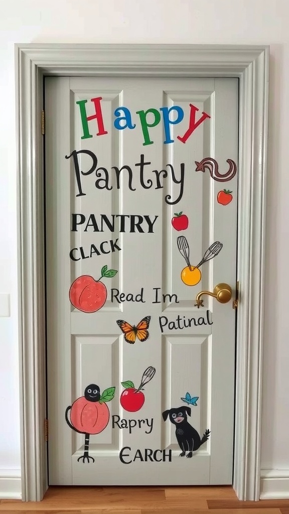 A pantry door decorated with colorful decals, featuring playful text and illustrations.
