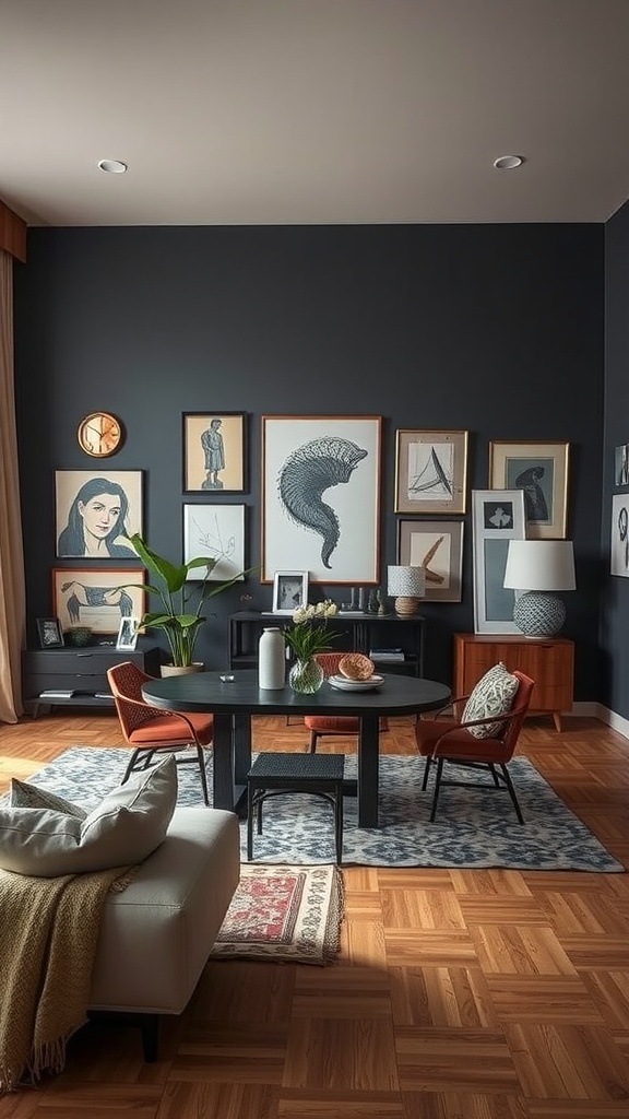 A stylish Living Room-Dining Room Combo with art on the walls and modern furniture.