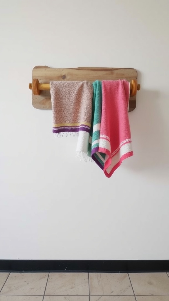 A wooden towel rack mounted on a wall, displaying three colorful towels.