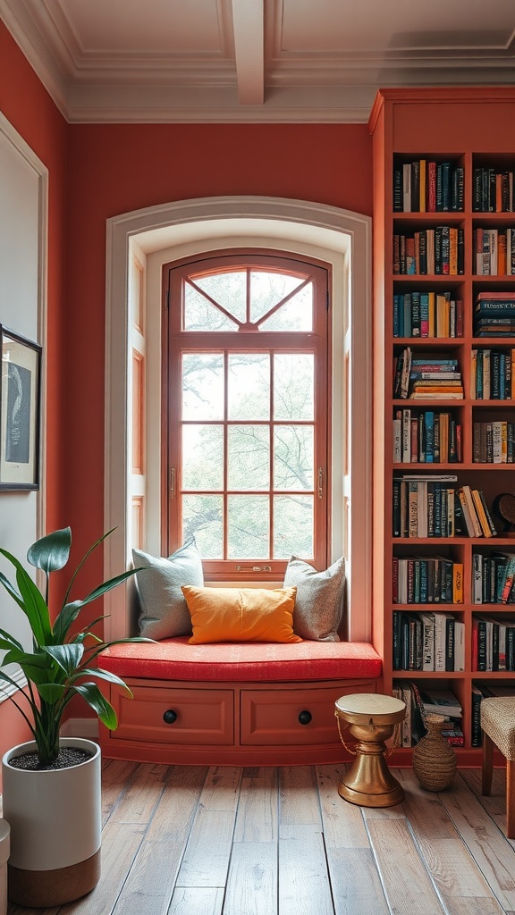 A cozy home library featuring a window seat with colorful cushions, orange walls, and bookshelves filled with books.