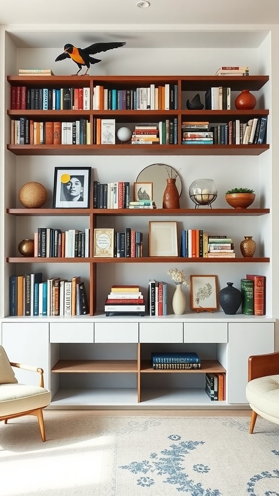 A modern home library with artistic floating shelves displaying books and decor, featuring a bird on top.