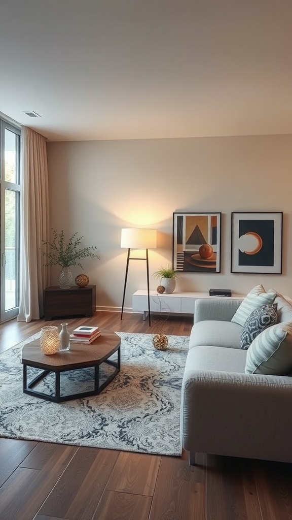 A modern living room featuring an artistic floor lamp, stylish furniture, and decorative artwork.