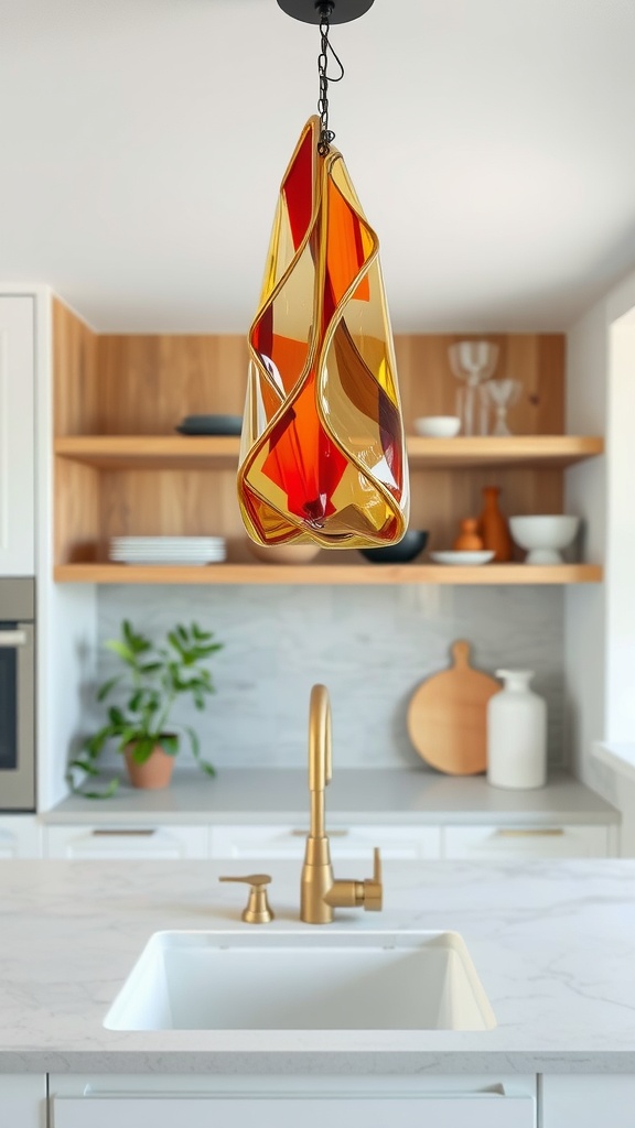 A colorful artistic glass pendant light hanging above a kitchen sink