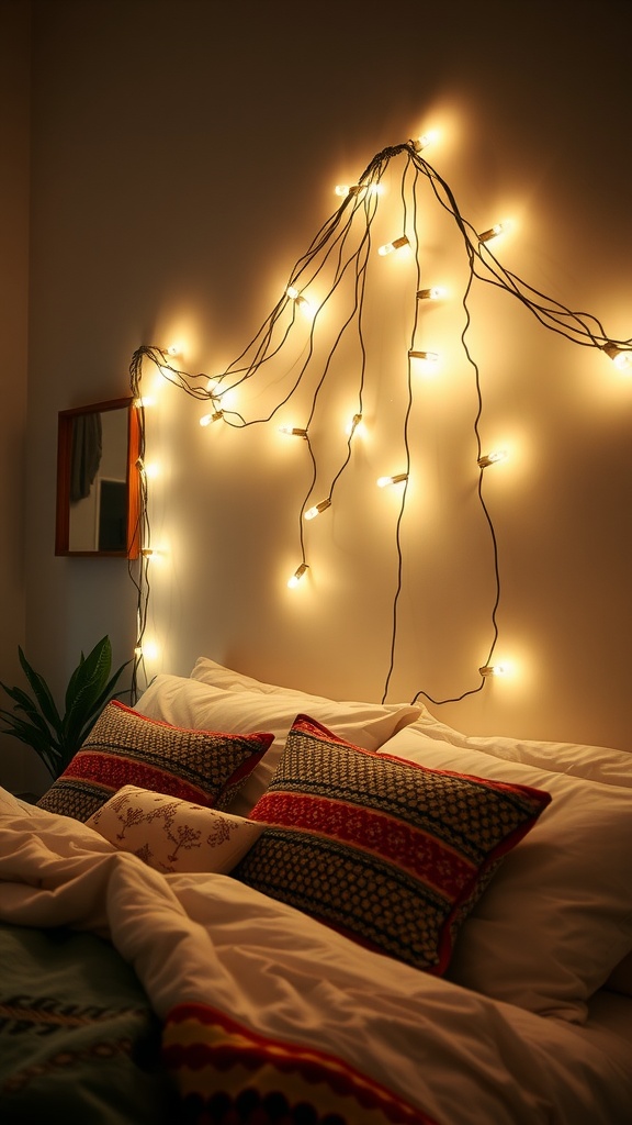 A cozy bedroom with pillows and warm fairy lights draped around the headboard.