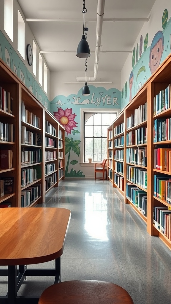 A colorful library featuring hand-painted murals on the walls, wooden shelves filled with books, and a cozy reading area by the window.