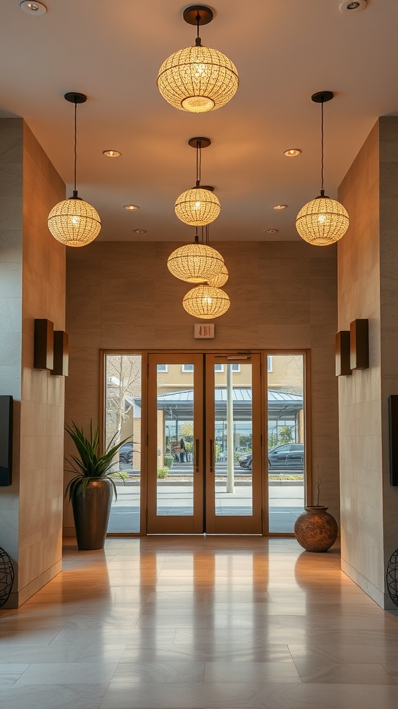 Entrance hall featuring artistic light fixtures hanging from the ceiling.