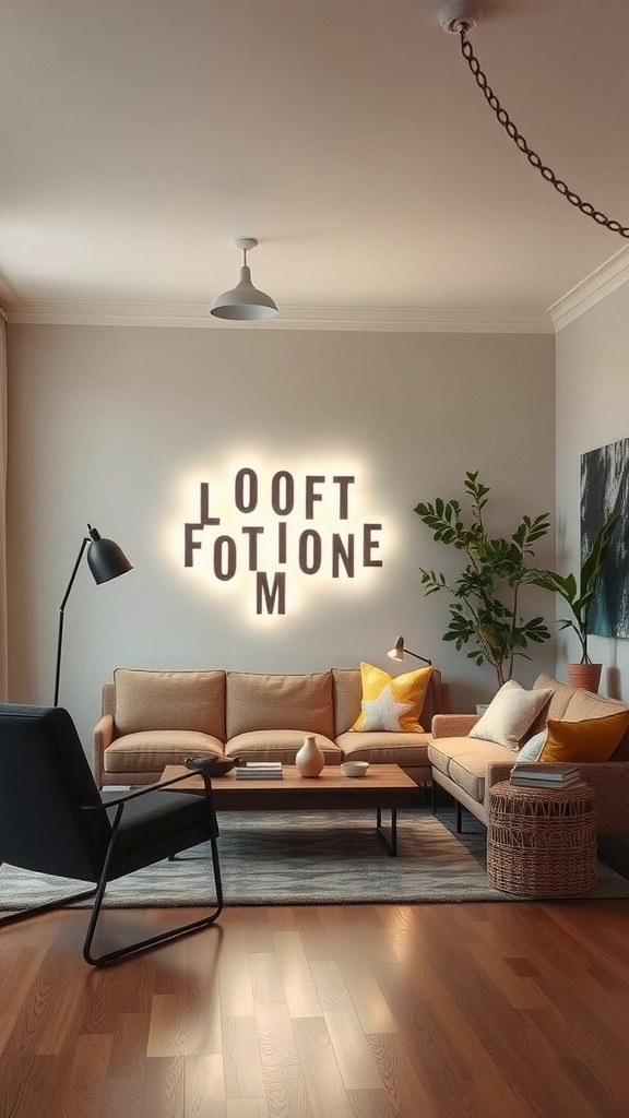 Cozy living room featuring artistic light installation with shadows on the wall