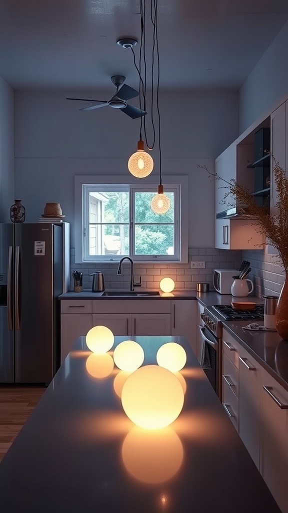 A modern kitchen with artistic light sculptures illuminating the space.