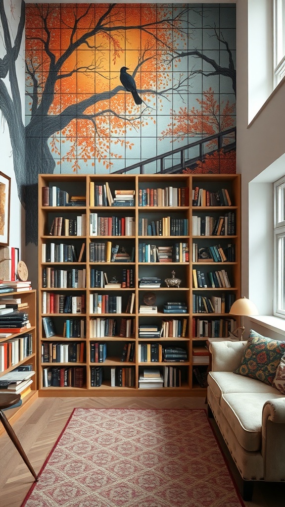 A cozy home library with a mural of a sunset and tree behind wooden bookshelves filled with books.