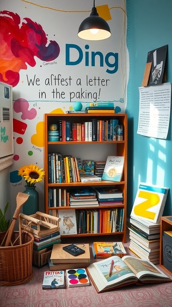 A colorful classroom reading corner with a bookshelf, artwork, and reading materials.