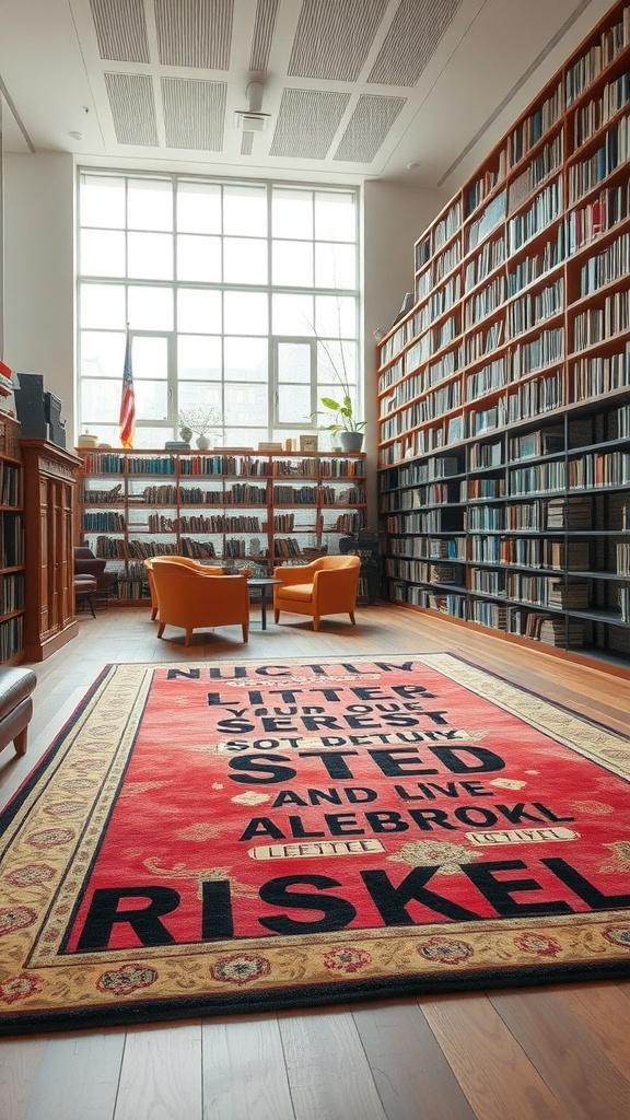 A colorful rug with bold text and patterns in a library setting, surrounded by bookshelves and cozy seating.