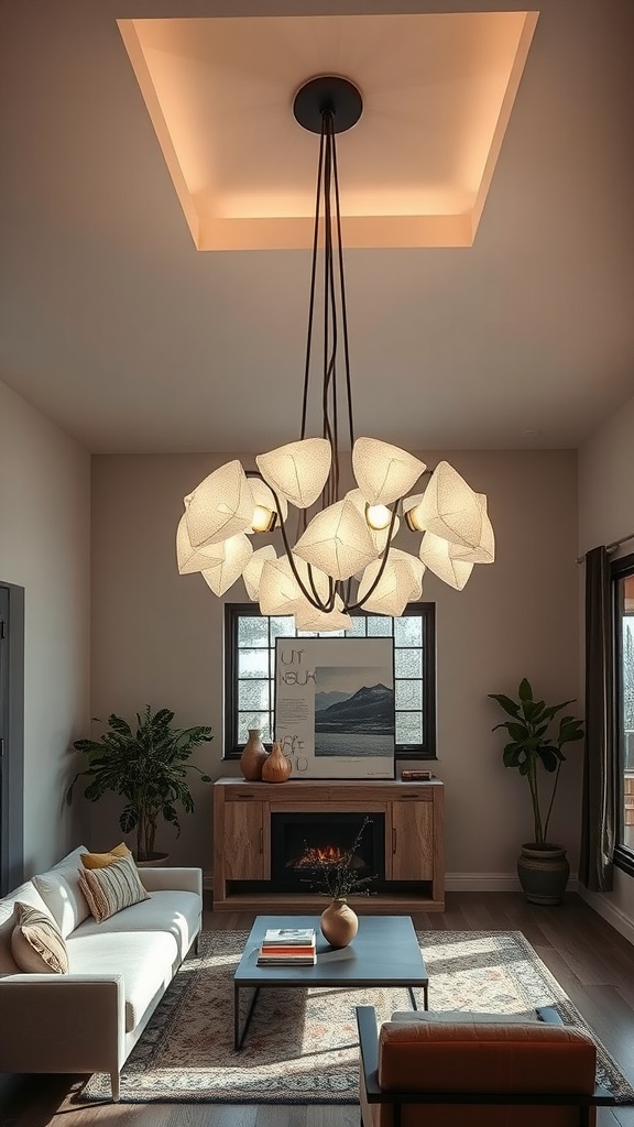 Stylish artistic lighting fixture with petal-like shades hanging in a modern living room