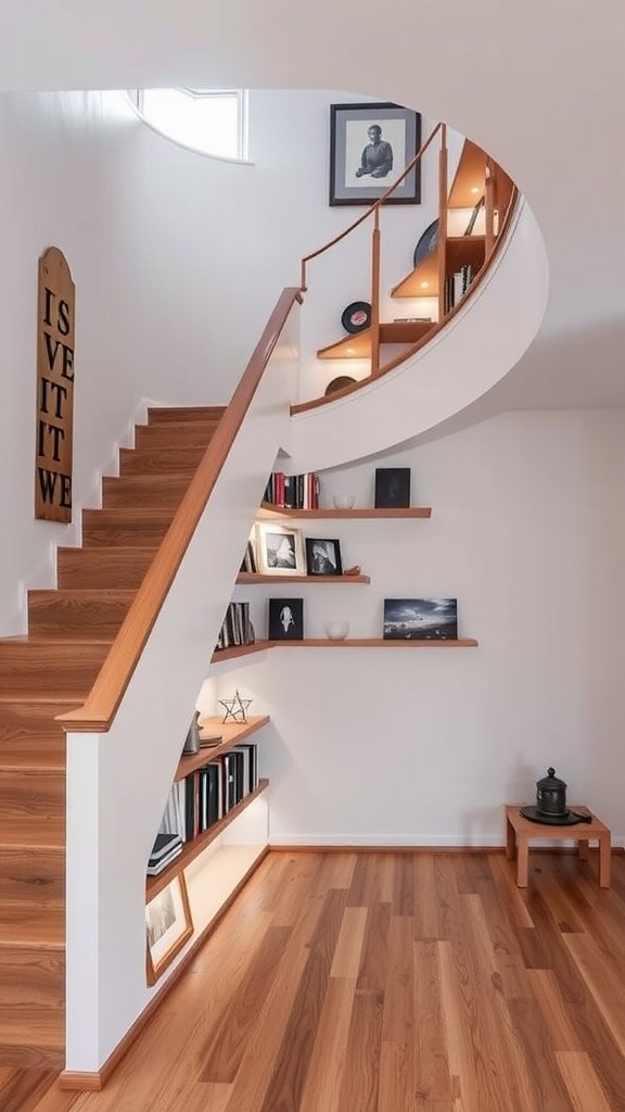 A staircase with artistic bookshelves integrated into the design, featuring wooden steps and floating shelves