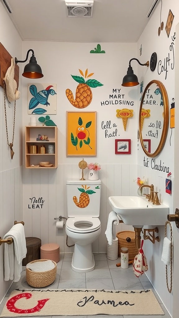 A colorful and artistic modern bathroom with vibrant wall art, unique fixtures, and cozy decorations.