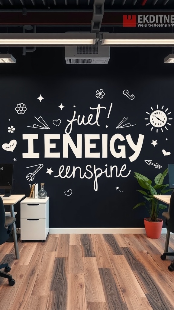 An office wall with artistic white decals on a black background, featuring various graphics and playful text.