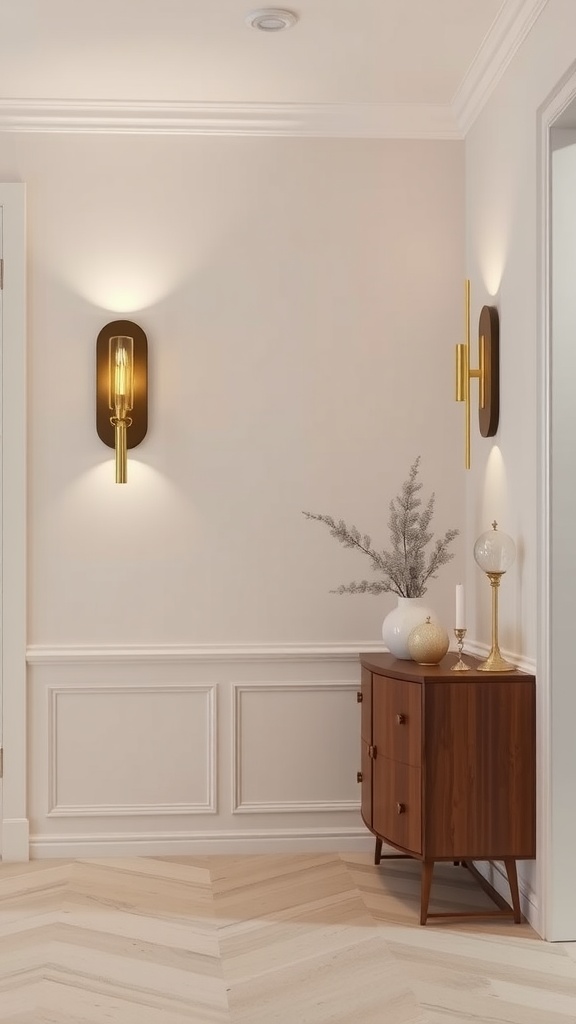 Stylish foyer with artistic wall sconces and a wooden side table.