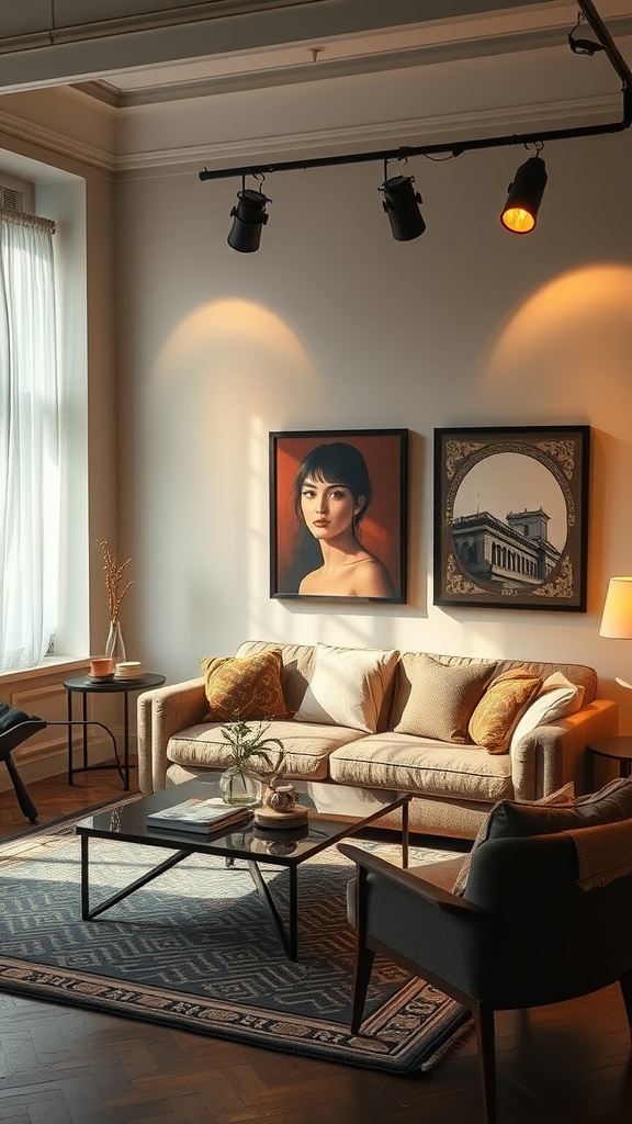 Living room with spotlights highlighting artwork on the wall, featuring a cozy sofa and modern decor.