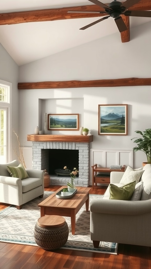Cozy farmhouse living room featuring nature-themed artwork