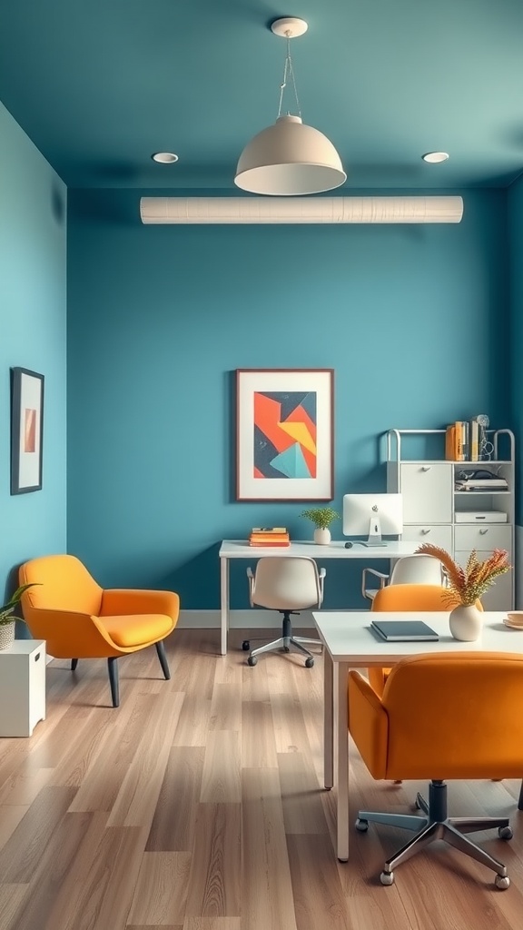 A modern office interior with Ashen Blue walls and orange furniture.