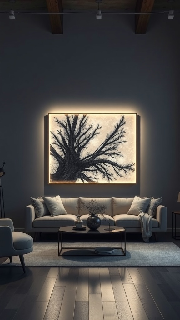 A cozy living room featuring backlit artwork of a tree, with a plush sofa and stylish decor.