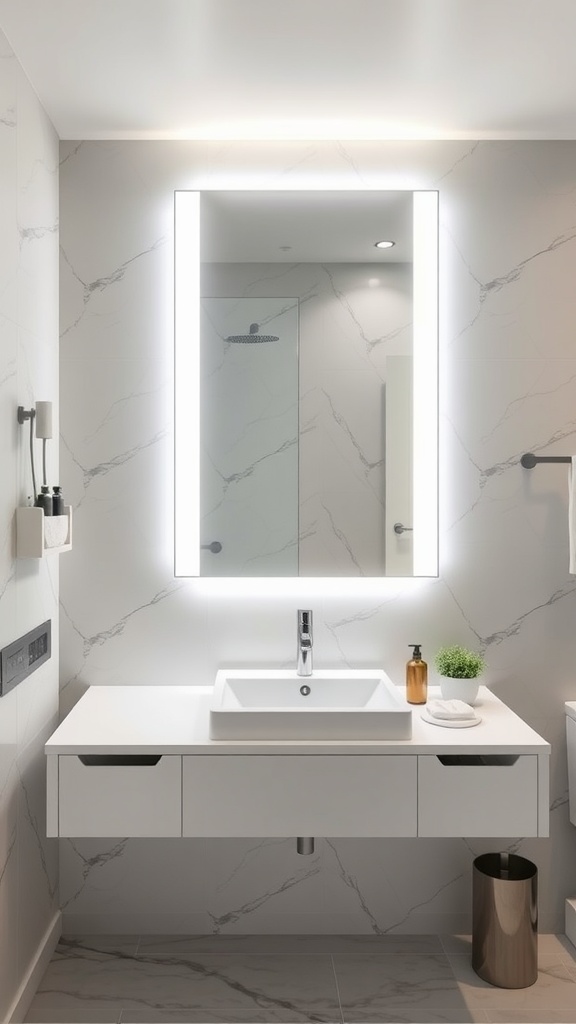 A modern bathroom featuring a backlit mirror above a clean white sink, highlighting a minimalist design.