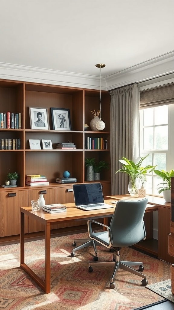 A cozy home office setup featuring wooden furniture, plants, and a laptop