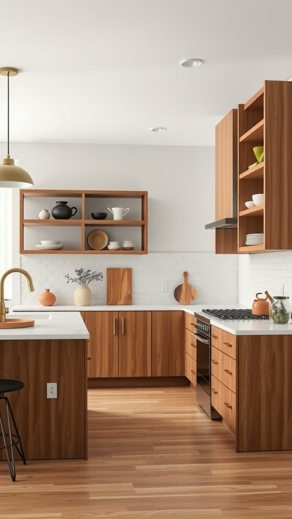 A U-shaped kitchen with a mix of open and closed storage, featuring wooden cabinetry and white countertops.