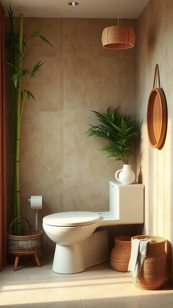 A bathroom featuring bamboo plants, woven baskets, and warm lighting for a tranquil atmosphere.