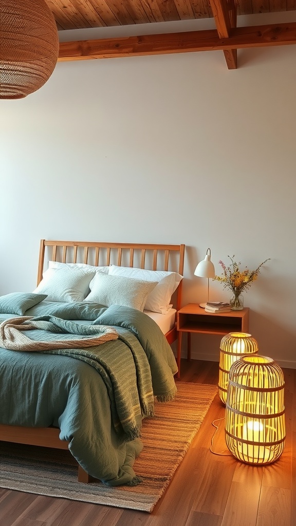 A cozy boho bedroom featuring bamboo floor lamps